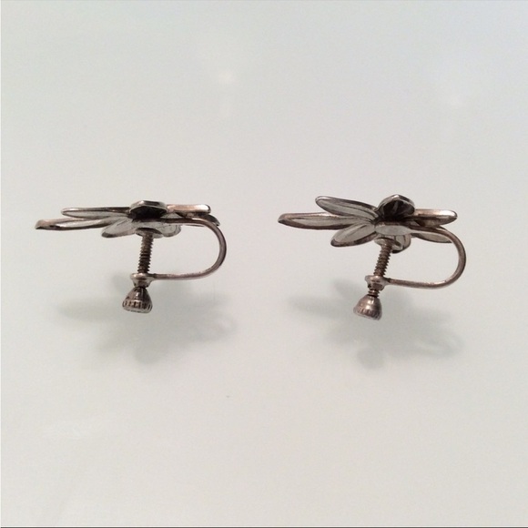 LEAF FLOWER SCREW BACK CLIP ON STERLING SILVER EARRINGS VINTAGE - Picture 4 of 6